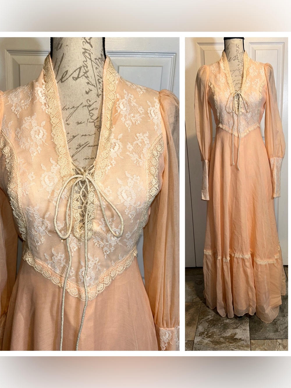 Vintage 70s Renaissance Revival Boho Lace Long Sleeve Dress Sz 12